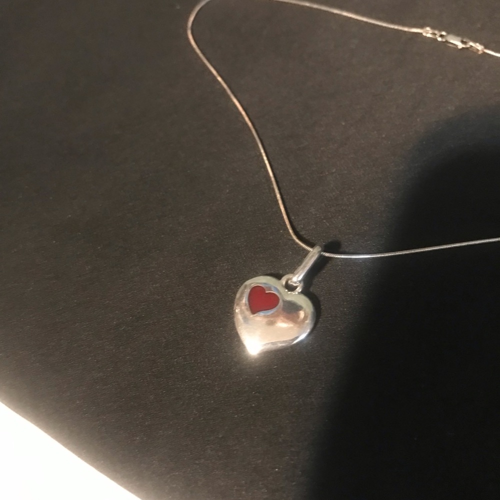 Silver Heart Pendant Necklace with Red Accent